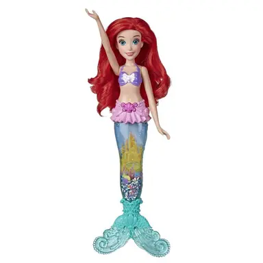 Disney Princess Glitter 'n Glow Ariel-dukke med lys, havfruehale med vand, glimmer og strandskaller indeni