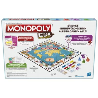 Monopoly Travel World Tour Board Game for Families and Kids Ages 8+, Includes Token Stampers and Dry-Erase Gameboard