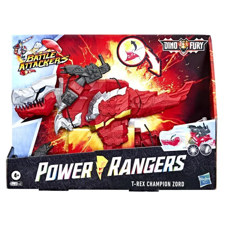 Power Rangers Battle Attackers Dino Fury T-Rex Champion Zord Electronic Action Figure Toy for Kids Ages 4 and Up