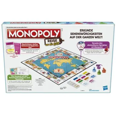 Monopoly Travel World Tour Board Game for Families and Kids Ages 8+, Includes Token Stampers and Dry-Erase Gameboard