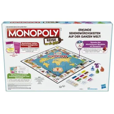 Monopoly Travel World Tour Board Game for Families and Kids Ages 8+, Includes Token Stampers and Dry-Erase Gameboard