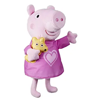 Peppa Pig, Schlummermusik Peppa, singende Plüschpuppe mit Teddybär als Accessoire, 28 cm groß, 3 Lieder, 3 englische Sätze, ab 18 Monaten