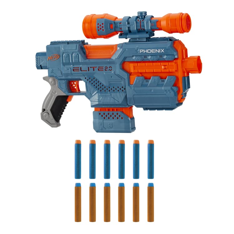 Nerf Elite 2.0 Phoenix CS-6 Μηχανοκίνητος εκτοξευτής, 12 επίσημα βελάκια Nerf, Στόχαστρο, Γεμιστήρας, Ενσωματωμένες δυνατότητες εξατομίκευσης