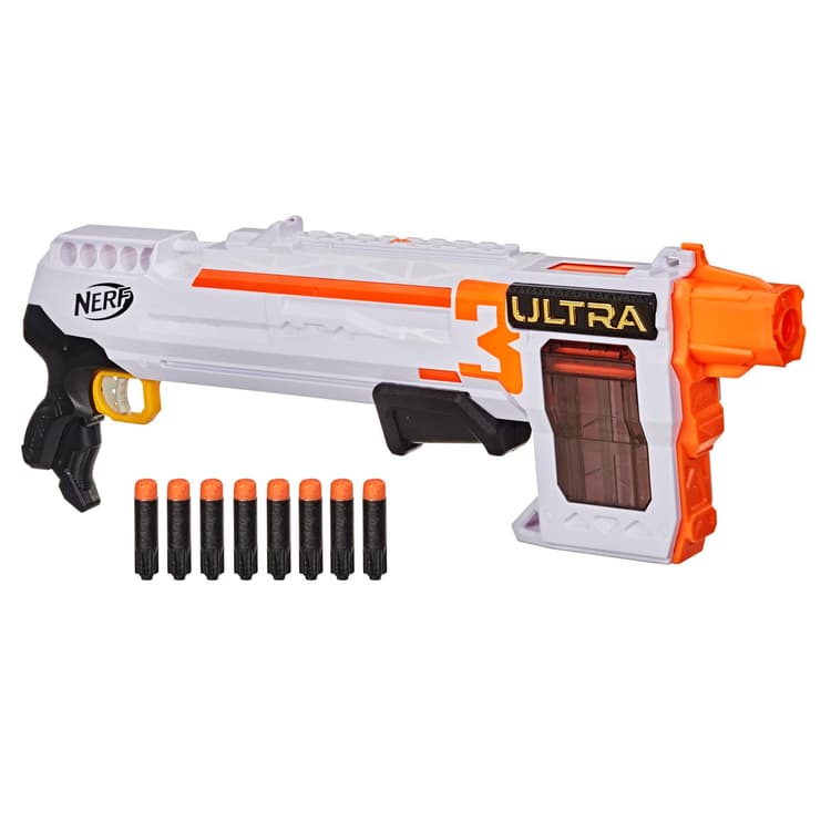 Nerf Ultra Three Blaster, Pump-Action, 8-Dart Internal Clip, 8 Nerf Ultra Darts, Compatible Only with Nerf Ultra Darts