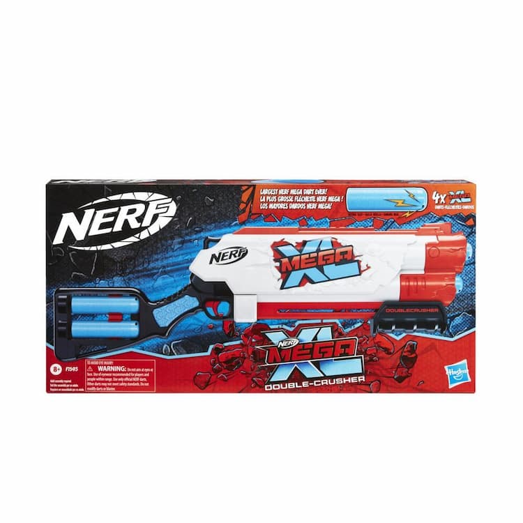 Nerf Mega XL Double Crusher Blaster, Largest Nerf Mega Darts Ever, 4 Nerf Mega XL Whistler Darts, Onboard Dart Storage