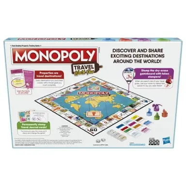 Monopoly Travel World Tour Board Game for Families and Kids Ages 8+, Includes Token Stampers and Dry-Erase Gameboard