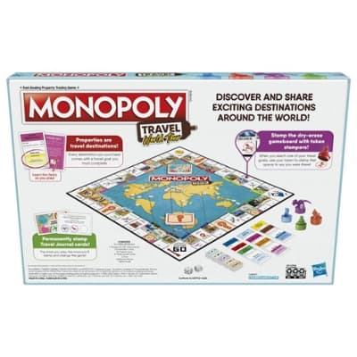 Monopoly Travel World Tour Board Game for Families and Kids Ages 8+, Includes Token Stampers and Dry-Erase Gameboard