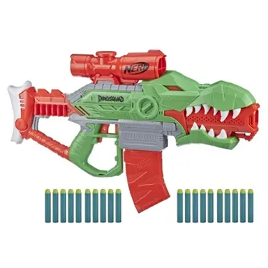 Nerf DinoSquad Rex-Rampage Motorized Dart Blaster, 10-Dart Clip, 20 Nerf Darts, 10-Dart Storage- T-Rex Dinosaur Design