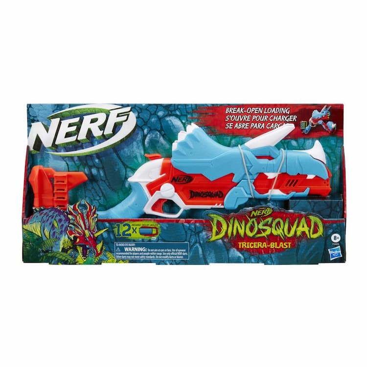Nerf DinoSquad Tricera-blast Blaster, Break-Open 3-Dart Loading, 12 Nerf Darts, Dart Storage, Triceratops Dinosaur Design