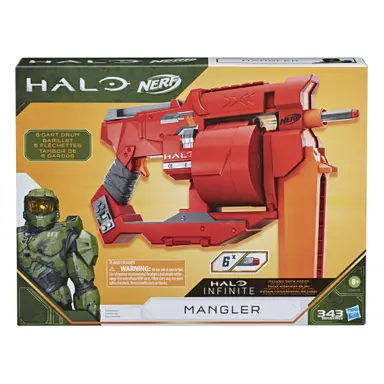 Nerf Halo Mangler Dart Blaster -- Pull-Back Priming Handle, Rotating 6-Dart Drum -- Includes 6 Official Nerf Elite Darts