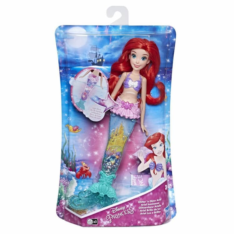 Disney Princess Glitter 'n Glow Ariel Doll with Lights, Mermaid Tail with Water, Sparkles, and Seashells Inside