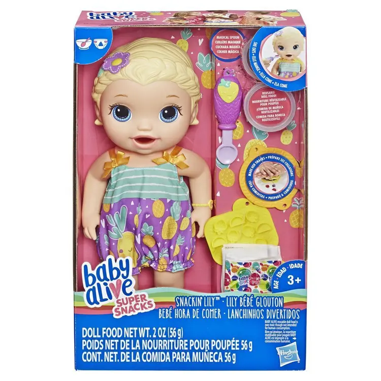 Baby Alive Super Snacks Snackin' Lily Baby: Blonde Baby Doll That Eats, with Reusable Baby Alive Doll Food, Spoon and 3 Accessori es, Perfect Doll For3 Year Old Girls and Boys And Up