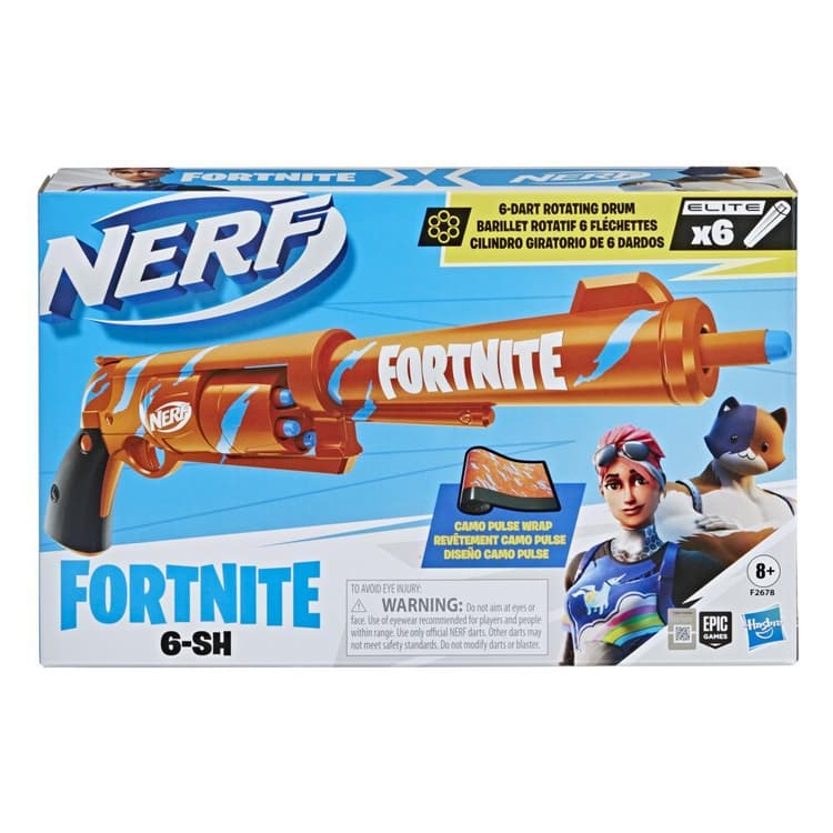 Nerf Fortnite 6-SH Dart Blaster -- Camo Pulse Wrap, Hammer Action Priming, 6-Dart Drum, 6 Nerf Elite Darts