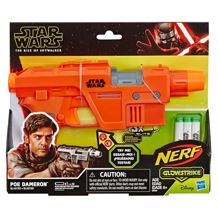 Star Wars Nerf Poe Dameron Blaster -- Lights and Sounds, GlowStrike Technology, 3 Official Nerf GlowStrike Darts