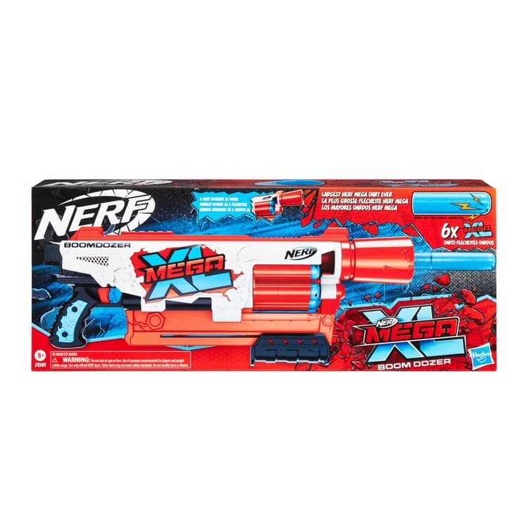 Nerf Mega XL Boom Dozer Blaster, Largest Nerf Mega Darts Ever, XL 6-Dart Rotating Drum, 6 Nerf Mega XL Whistler Darts