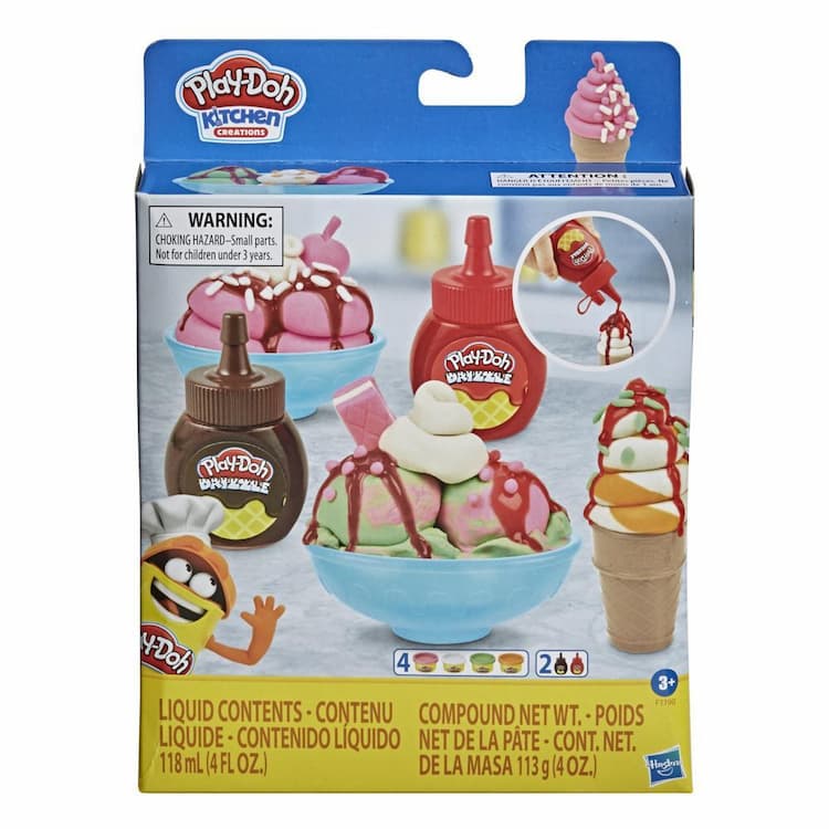 Play-Doh Kitchen Creations Double Drizzle Ice Cream Playset with 2 Play-Doh Drizzle Colors and 4 Classic Cans, Non-Toxic 