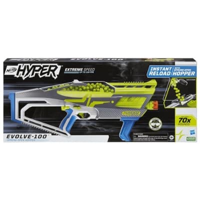 Nerf Hyper Evolve-100 Blaster, 70 Nerf Hyper Rounds, Spring-Open Hopper, Up To 110 FPS Velocity, Eyewear Included