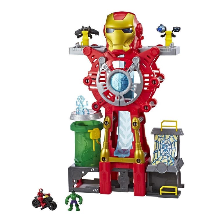 Set de base de operaciones de Iron Man de Playskool Heroes Marvel Super Hero Adventures, figuras de acción de Iron Man y Hulk de 6 cm, vehículo, juguetes para niños a partir de 3 años