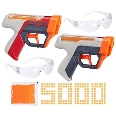 Nerf Pro Gelfire Dual Wield Pack, 2 blasters, 5 000 billes Gelfire, 2 chargeurs-trémie 100 billes intégrés, 2 lunettes