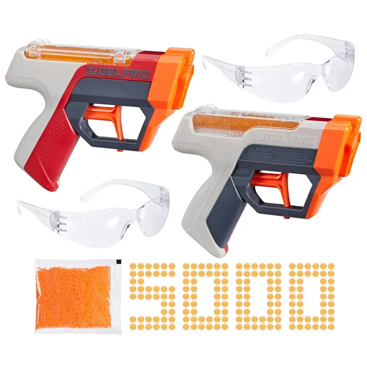 Nerf Pro Gelfire Dual Wield Pack, 2 blasters, 5 000 billes Gelfire, 2 chargeurs-trémie 100 billes intégrés, 2 lunettes