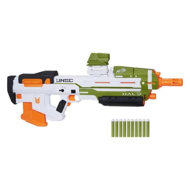 Nerf Halo, blaster à fléchettes motorisé MA40, inclut chargeur amovible 10 fléchettes, 10 fléchettes Nerf Elite officielles, rail d'appoint