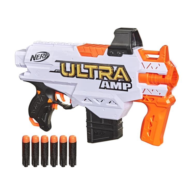 Nerf Ultra Amp, Blaster motorisé, chargeur 6 fléchettes, 6 fléchettes, compatible uniquement avec fléchettes Nerf Ultra