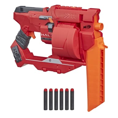 Nerf Halo, blaster à fléchette Mangler, poignée d'amorçage, barillet rotatif 6 fléchettes, inclut 6 fléchettes Nerf Elite officielles