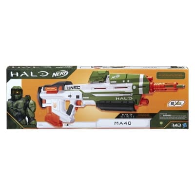 Nerf Halo, blaster à fléchettes motorisé MA40, inclut chargeur amovible 10 fléchettes, 10 fléchettes Nerf Elite officielles, rail d'appoint