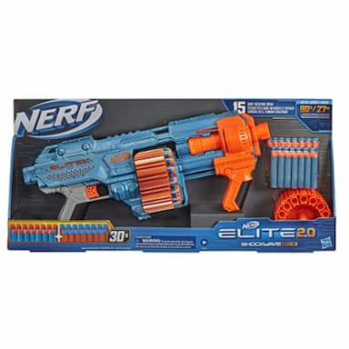 Nerf Elite 2.0, blaster Shockwave RD-15, 30 fléchettes Nerf, barillet rotatif 15 fléchettes, personnalisable