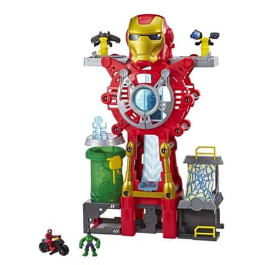 Marvel Super Hero Adventures - Quartier generale (Set da gioco con action figure di Iron Man e Hulk da 6 cm e veicolo, della serie Playskool Heroes)