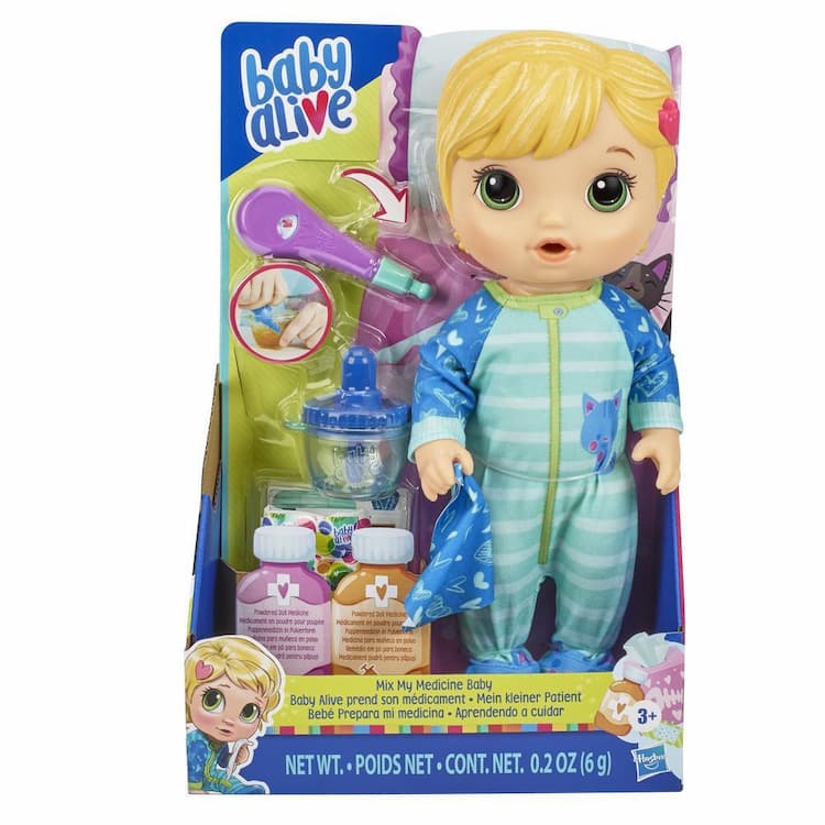 Baby Alive Mix My Medicine Baby Doll, Kitty-Cat Pajamas, Drinks and Wets, Doctor Accessories, Toy for Kids Ages 3 and Up
