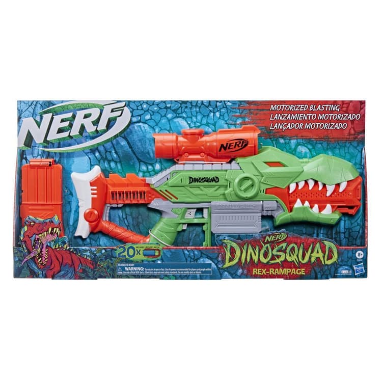 Nerf DinoSquad Rex-Rampage Motorized Dart Blaster, 10-Dart Clip, 20 Nerf Darts, 10-Dart Storage- T-Rex Dinosaur Design